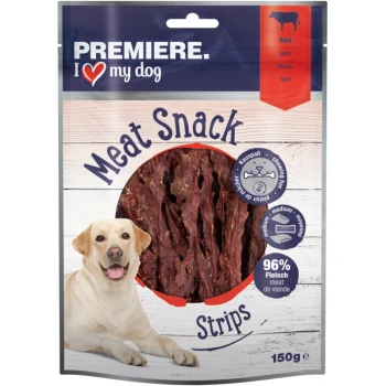 Verpakking van Premiere I Love My Dog Vlees Snack Strips met een rond venster dat rundvlees strips toont, 96% vleesinhoud, 150g gewicht.