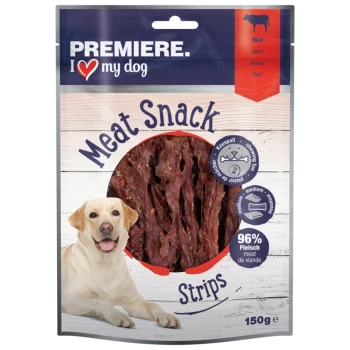Verpackung der Premiere I Love My Dog Fleischsnackstreifen mit einem runden Fenster, das Rinderstreifen zeigt, 96% Fleischgehalt, 150g Gewicht.