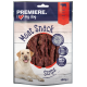 Verpackung der Premiere I Love My Dog Fleischsnackstreifen mit einem runden Fenster, das Rinderstreifen zeigt, 96% Fleischgehalt, 150g Gewicht.