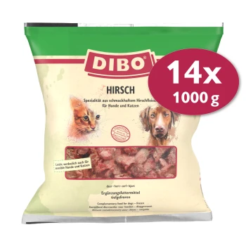 DIBO Hirsch-Tierfutterverpackung, mit gefrorenem Rehfleisch für Hunde und Katzen, 14x 1000g, mit einem Bild von Katze und Hund auf der Vorderseite.