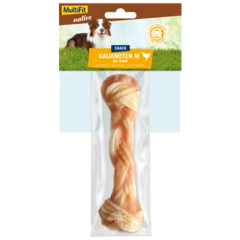 MultiFit natives Hundesnack, Kauknoten M mit Huhn, mit einem gedrehten, knochenförmigen Leckerbissen in einer klaren Verpackung, geeignet für langes Kauen.