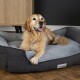 Ein golden retriever, der glücklich auf einem gemütlichen, grau-schwarzen Hundebett mit einem Etikett mit der Aufschrift "Scruff's" liegt, vor einem modernen Hintergrund.