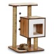 Un arbre à chat élégant avec un espace de cachette cubique confortable, des poteaux à gratter et un perchoir doux, avec un chat duveteux se prélassant sur la base.