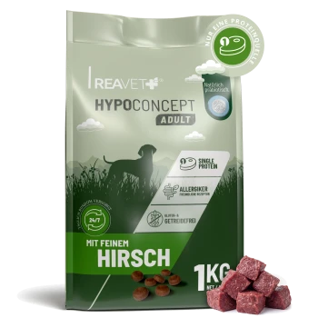 HYPOCONCEPT Adult Hundefutter-Sack, mit feinem Hirsch (Wild), Single-Protein, getreidefrei, Hundesilhouette, Kroketten und Fleischwürfeln