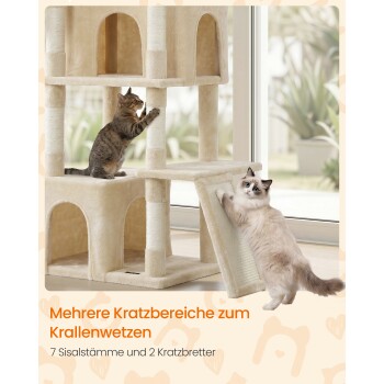 Beiger Katzenturm mit zwei Katzen (getigert und flauschig weiß auf schrägem Kratzbrett). Sichtbarer Text: 'Mehrere Kratzbereiche'