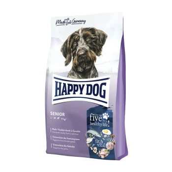 fit & vital Senior 12 kg Happy Dog Senior Hundefutterbeutel mit einem Hundeporträt und Text zu den Vorteilen: erhöhte Vitalität, Immununterstützung und Gelenkgesundheit.