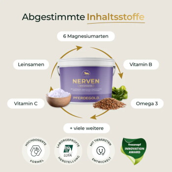 Lila Behälter mit Pferdegold-Mineralfutter für Pferde, mit Zutaten wie Leinsamen und Rote Beete, mit Text, der Qualität und Vorteile hervorhebt.