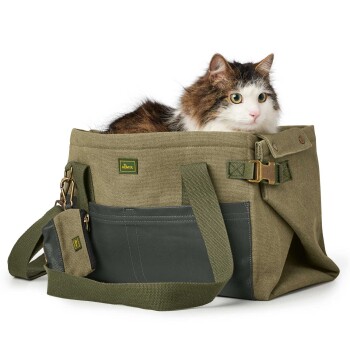 Eine stilvolle grüne Tragetasche für Haustiere mit einer Katze, die herausblickt, mit stabilen Griffen und einem kleinen angehängten Beutel.