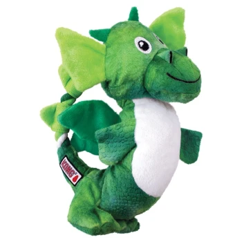 Dragon Knots Ein plüschiges grünes Drachen-Spielzeug mit großen Ohren, einem lächelnden Gesicht und einem weißen Bauch, mit einem KONG-Logo an der Seite.