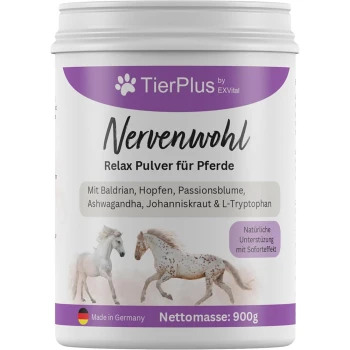 Behälter mit "Nervenwohl" Entspannungspulver für Pferde, mit Bildern von zwei Pferden, und Zutaten auf Deutsch aufgelistet.