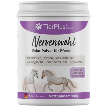 Behälter mit "Nervenwohl" Entspannungspulver für Pferde, mit Bildern von zwei Pferden, und Zutaten auf Deutsch aufgelistet.