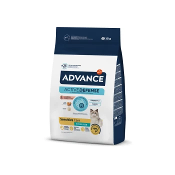 Sac de nourriture pour chat étiqueté "ADVANCE ACTIVE DEFENSE" avec un poids de 10 kg, comportant les mentions "Sensitive Care" et "Sterilized", et une image de chat.