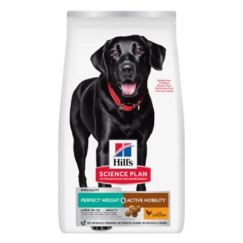 Sac de nourriture pour chiens Hill's Science Plan présentant un labrador noir au collier rouge ; « Perfect Weight & Active Mobility » « with chicken ».