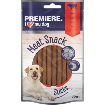 A package of Premiere I Love My Dog Meat Snack Sticks for dogs, with a happy Labrador on the front, labeled "70g" and "soft."
