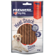 Eine Packung Premiere I Love My Dog Fleischsnack-Sticks für Hunde, mit einem glücklichen Labrador auf der Vorderseite, beschriftet "70g" und "weich."