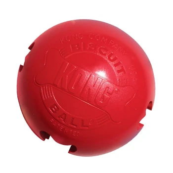 Roter KONG Biscuit Ball Hundespielzeug mit einem knochenförmigen Design und Löchern für Leckerlis, mit eingeprägtem Text "KONG COMPANY USA" und "PATENTED."