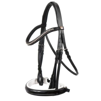 Schwarzes Leder-Haustiergeschirr mit dekorativen Strasssteinen, ausgestattet mit verstellbaren Riemen und einem gepolsterten Brustbereich.