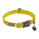 Ein leuchtend gelbes Hundehalsband mit einer schwarzen Schnalle und einem Metall-D-Ring, mit einem 'RUFFWEAR'-Logo-Patch.