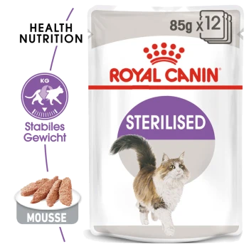 Royal Canin Sterilised Katzenfutterbeutel, 85g x 12, mit einer Illustration einer rennenden Katze, mit den Texten 'Health Nutrition' und 'Stabiles Gewicht'.