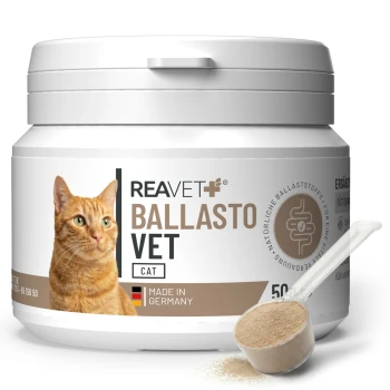 Behälter mit REAVET BALLASTO VET für Katzen, mit einem Bild einer orangefarbenen Tabby-Katze, beschriftet mit "Made in Germany", 50g.