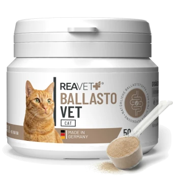 Behälter mit REAVET BALLASTO VET für Katzen, mit einem Bild einer orangefarbenen Tabby-Katze, beschriftet mit "Made in Germany", 50g.
