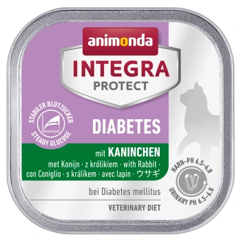 Integra Protect Diabetes 16x100g Kaninchen Nassfutterdose für Hunde mit lila Etikett, "animonda INTEGRA PROTECT DIABETES" und "mit Kaninchen" zur Diabetesbehandlung.
