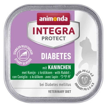 Nassfutterdose für Hunde mit lila Etikett, "animonda INTEGRA PROTECT DIABETES" und "mit Kaninchen" zur Diabetesbehandlung.