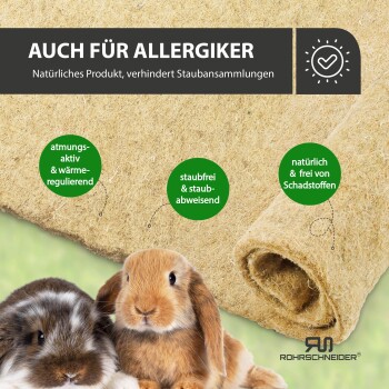 Zwei Kaninchen vor aufgerolltem Natur-Einstreu; sichtbarer deutscher Text „AUCH FÜR ALLERGIKER“ und Marke „ROHRSCHNEIDER“