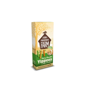 Tiny Friends Farm Harry Hamster Yippees apple & sweetcorn treats, 4.2oz/120g box with hamster image.