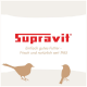 Supravit-Logo mit deutschem Slogan und Silhouetten von zwei Vögeln auf weißem Hintergrund.