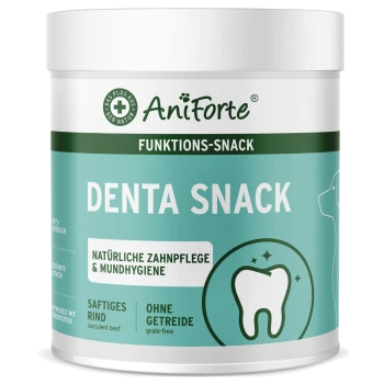 AniForte Denta Snack Behälter für Hunde, mit einem Zahn-Graphic und "getreidefrei" und "saftiges Rindfleisch"-Labels.