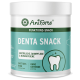 AniForte Denta Snack Behälter für Hunde, mit einem Zahn-Graphic und "getreidefrei" und "saftiges Rindfleisch"-Labels.