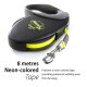 A black retractable dog leash with a neon-colored tape, labeled "flexi Giant L 8m," featuring a metal clip and text highlighting its visibility.