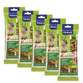 Cinq paquets de Vitakraft Kräcker pour lapins, présentant un lapin brun sur le devant, étiqueté "Légumes & betterave."