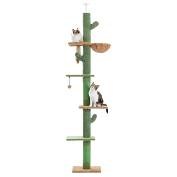 Kratzbaum deckenhoch grün Zwei Katzen spielen auf einem hohen, grünen katzenbaumförmigen Kratzbaum mit mehreren Ebenen und Kratzpfosten, der ein hängendes Ballspielzeug hat.