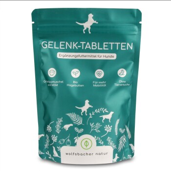 Türkise Tasche mit Gelenk-Tabletten für Hunde, mit weißen Hund- und Pflanzenillustrationen, fördert die Mobilität mit Grünlippmuschel und MSM.