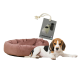 Ein Beagle-Welpe liegt neben einem weichen, rosa Haustierbett, mit einem Etikett, das einen Hundekotbeutelspender zeigt.