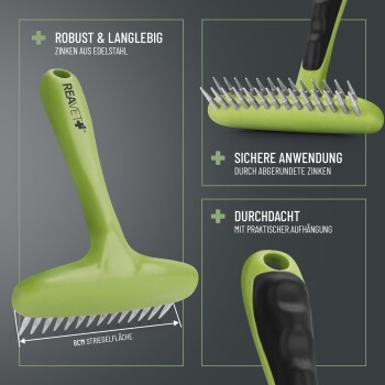 Grünes Haustierpflegewerkzeug mit einem Kopf aus rostfreiem Stahl und abgerundeten Zähnen. Text hebt hervor: "Robust & langlebig," "Sichere Anwendung," "Durchdacht."