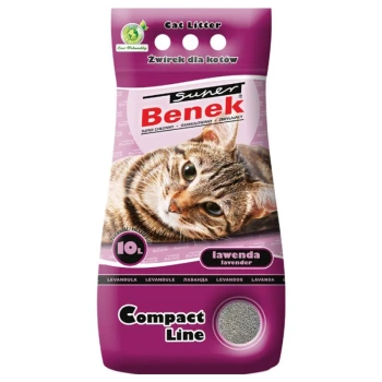Super Compact Lavendel 10 l Eine Katzenstreu-Packung mit einer entspannten getigerten Katze, beschriftet mit "Super Benek" und "lavenda" (Lavendel) Duft, 10L Größe und "Compact Line."