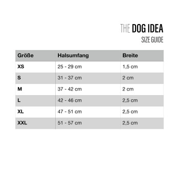 Größentabelle für Hundehalsbänder, die Größen XS bis L mit Halsumfang und Breitenmessungen in Zentimetern auflistet.