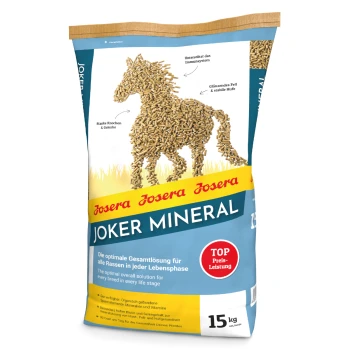 15 kg Sack Josera Joker Mineral Pferdefutter mit einer Pferdesilhouette aus Pellets und wichtigen Vorteilen auf Deutsch.