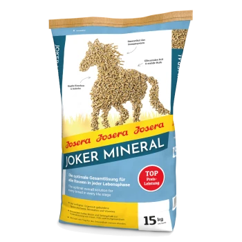 15 kg Sack Josera Joker Mineral Pferdefutter mit einer Pferdesilhouette aus Pellets und wichtigen Vorteilen auf Deutsch.