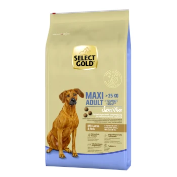 Beutel mit Select Gold Maxi Adult Hundefutter, geeignet für Hunde über 25 kg, mit der Aufschrift 'Sensibel' und Zutaten aus Lamm und Reis.