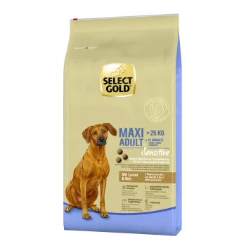 Sac de nourriture pour chiens Select Gold Maxi Adult, adapté aux chiens de plus de 25 kg, étiqueté "Sensible" avec des ingrédients d'agneau et de riz.