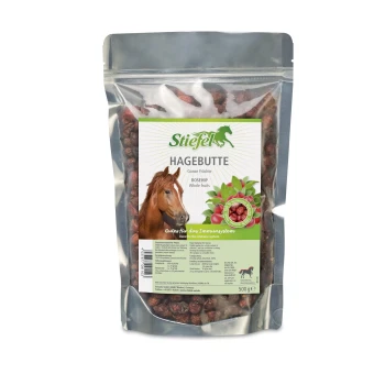 Transparente Tasche mit Stiefel Hagebutte (Wildrose) mit ganzen Früchten, Pferdebild und dem Text 'Gut für das Immunsystem'.