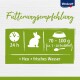 Zalecenia żywieniowe dla królików: 70-100g (około 7-10 łyżek) na 24 godziny, plus siano i świeża woda.