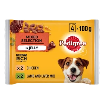 Pedigree Mixed Selection in Jelly pet food pack, featuring 4 x 100g servings with flavors: 2 chicken and 2 lamb and liver mix.