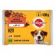 Pedigree Mixed Selection in Jelly pet food pack, featuring 4 x 100g servings with flavors: 2 chicken and 2 lamb and liver mix.
