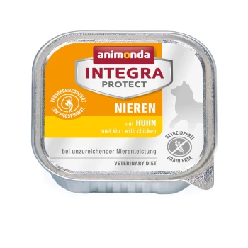 Een blik Animonda Integra Protect huisdiervoeding gelabeld 'Nieren mit Huhn' (Nieren met Kip) met laag fosfor en 'Veterinary Diet' tekst.