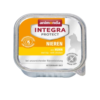 Eine Dose Animonda Integra Protect Haustierfutter mit der Aufschrift "Nieren mit Huhn" (Kidney mit Chicken) mit niedrigem Phosphorgehalt und dem Text "Veterinary Diet".